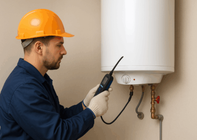 Tecnico professionista che installa un boiler in un ambiente domestico