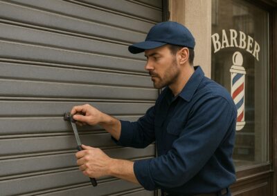 Fabbro che apre la serranda di un negozio di barbiere durante un pronto intervento H24 a Milano, Monza e Bergamo