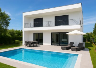 Villa moderna a due piani con piscina e facciata esterna appena imbiancata con tecnica professionale