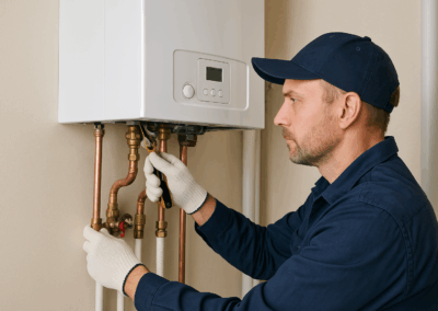 Tecnico esperto che installa un impianto di riscaldamento domestico con caldaia a condensazione