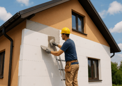 Tecnico che installa un cappotto termico esterno su una casa per isolamento energetico