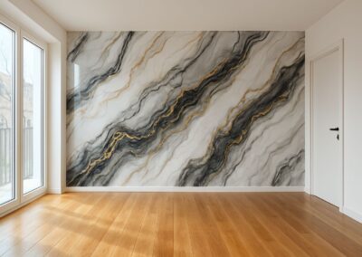 Stanza moderna e luminosa con parete effetto marmo bianco, sfumature nere, grigie e oro, finitura lucida