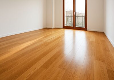 Stanza moderna e luminosa con parquet levigato e lucidato, esempio di posa a listoni in legno