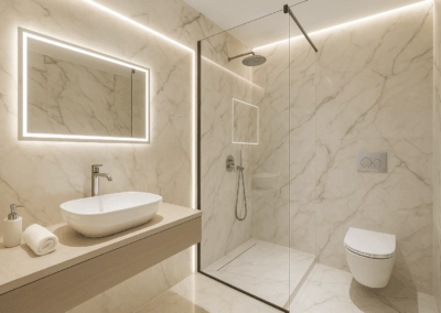 Bagno moderno ristrutturato con doccia walk-in, vasca elegante e illuminazione LED – Abilart