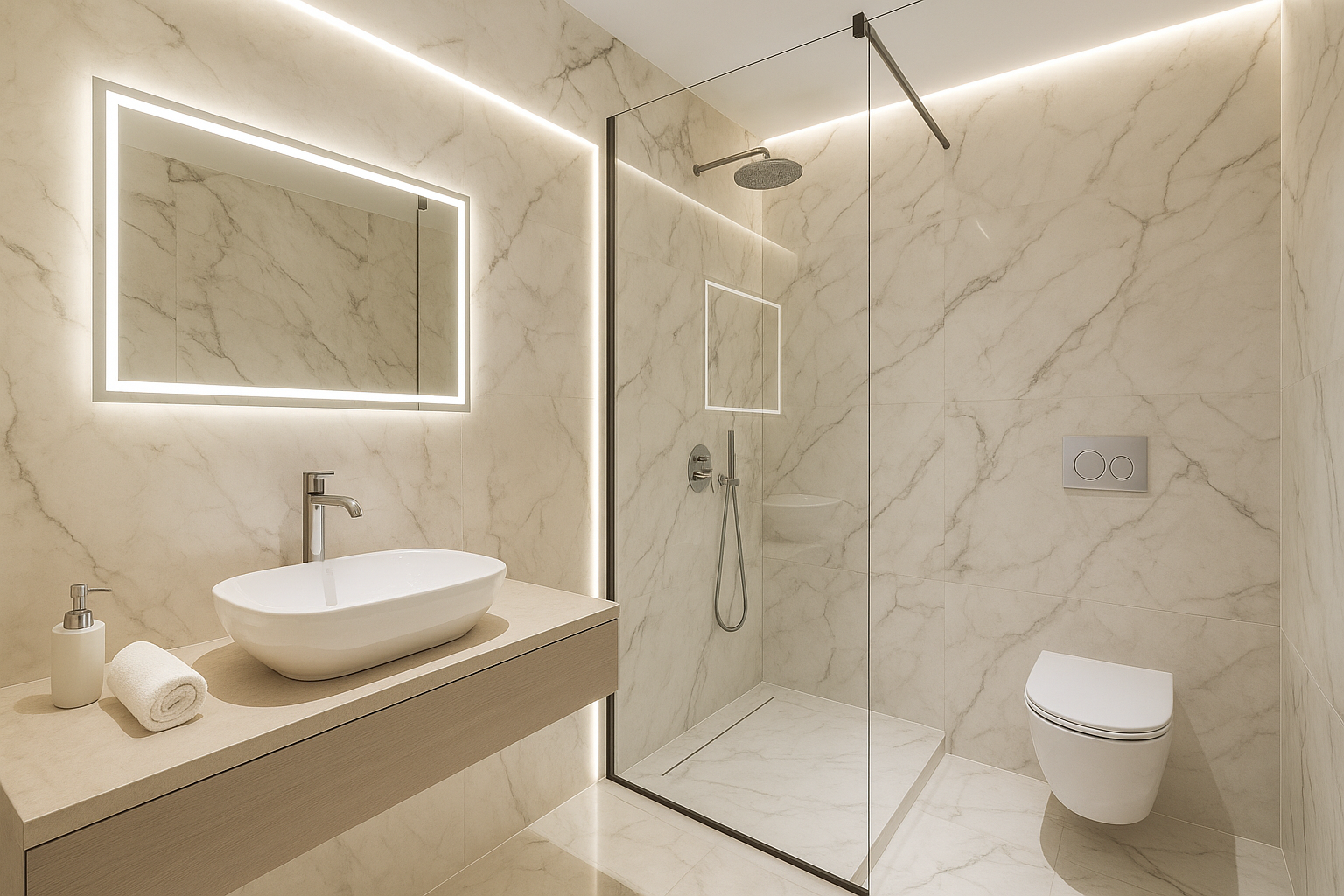 Bagno moderno ristrutturato con doccia walk-in, vasca elegante e illuminazione LED – Abilart