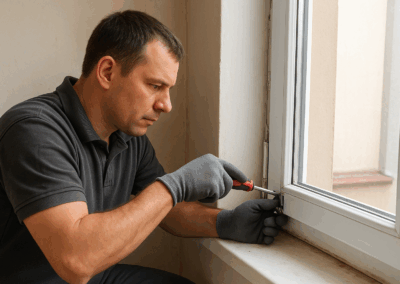 Tecnico che smonta finestra in PVC bianco, manutenzione infissi professionale