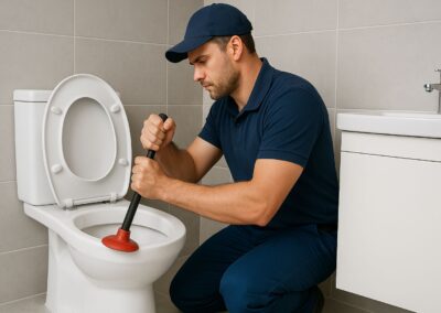 Idraulico professionista che utilizza un pistone per stasare un WC otturato in un bagno moderno