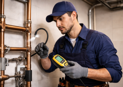 Tecnico idraulico specializzato che rileva una perdita di gas su tubo in rame con strumento professionale a Milano