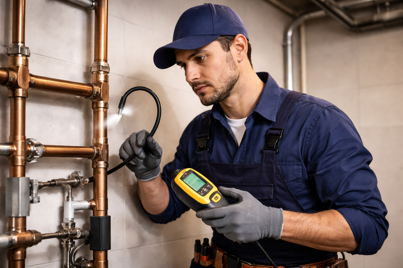 Tecnico idraulico specializzato che rileva una perdita di gas su tubo in rame con strumento professionale a Milano